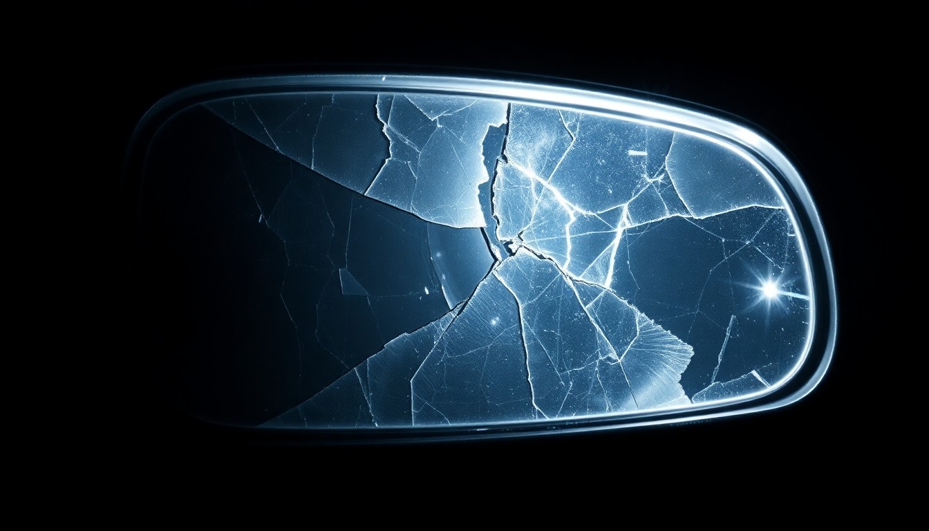 An extreme close-up of a cracked and damaged car side mirror, shot with a harsh, direct camera flash against a pitch-black background, conceptually representing the aftermath of a hit-and-run crash.