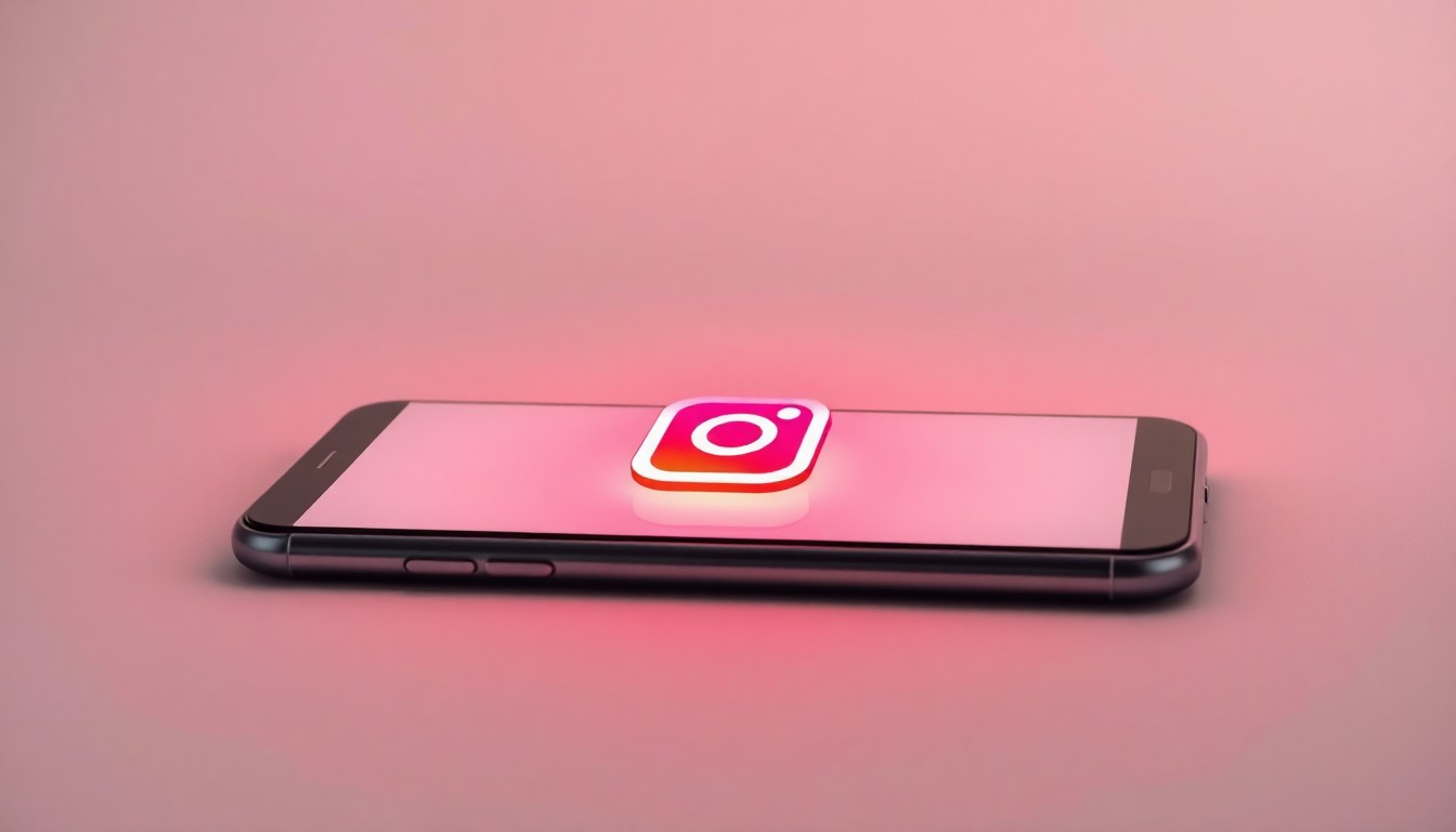 A photorealistic studio still life featuring a modern smartphone with a glowing Instagram logo on the screen, resting on a clean, monochromatic background and using dramatic lighting to symbolize the consistent social media growth provided by Media Mister's subscription model.