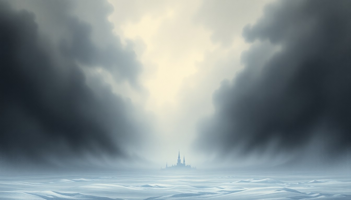 A vast, atmospheric landscape painting in muted tones of blue, gray, and white, depicting a small town or city structure barely visible in the distance, dwarfed by the sweeping, dramatic presence of a heavy snowstorm. The scene conveys the sublime scale and raw energy of the natural world.