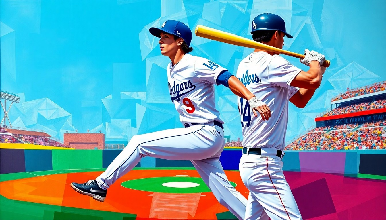 A cubist, geometric painting depicting Shohei Ohtani's pitching motion and batting swing in overlapping, fragmented planes of vibrant colors, conceptually representing the multi-faceted nature of his historic performance.