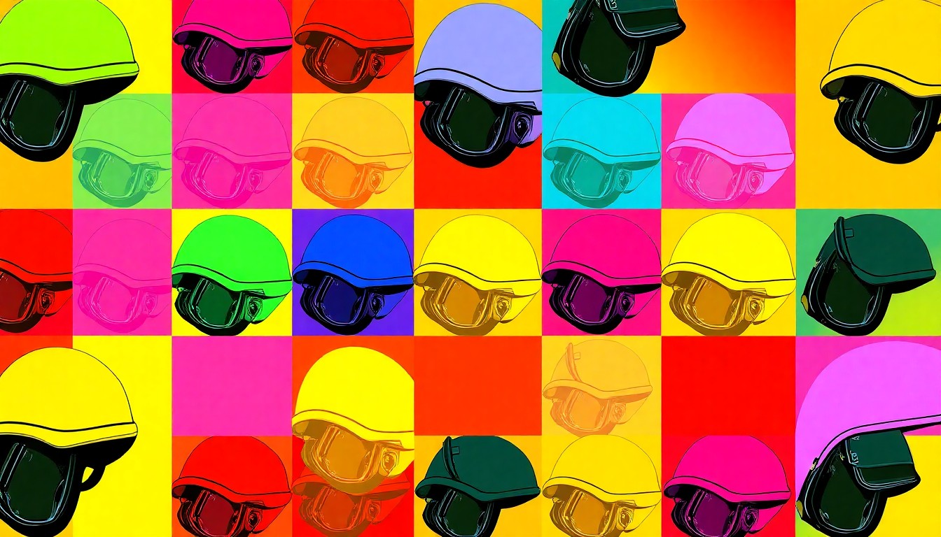A brightly colored, high-contrast silkscreen print of a single, iconic horse racing object such as a jockey's helmet, repeated in a tight grid pattern in the style of Andy Warhol, capturing the vibrant energy and community spirit of the Morrow County Chamber's Derby Day fundraiser.
