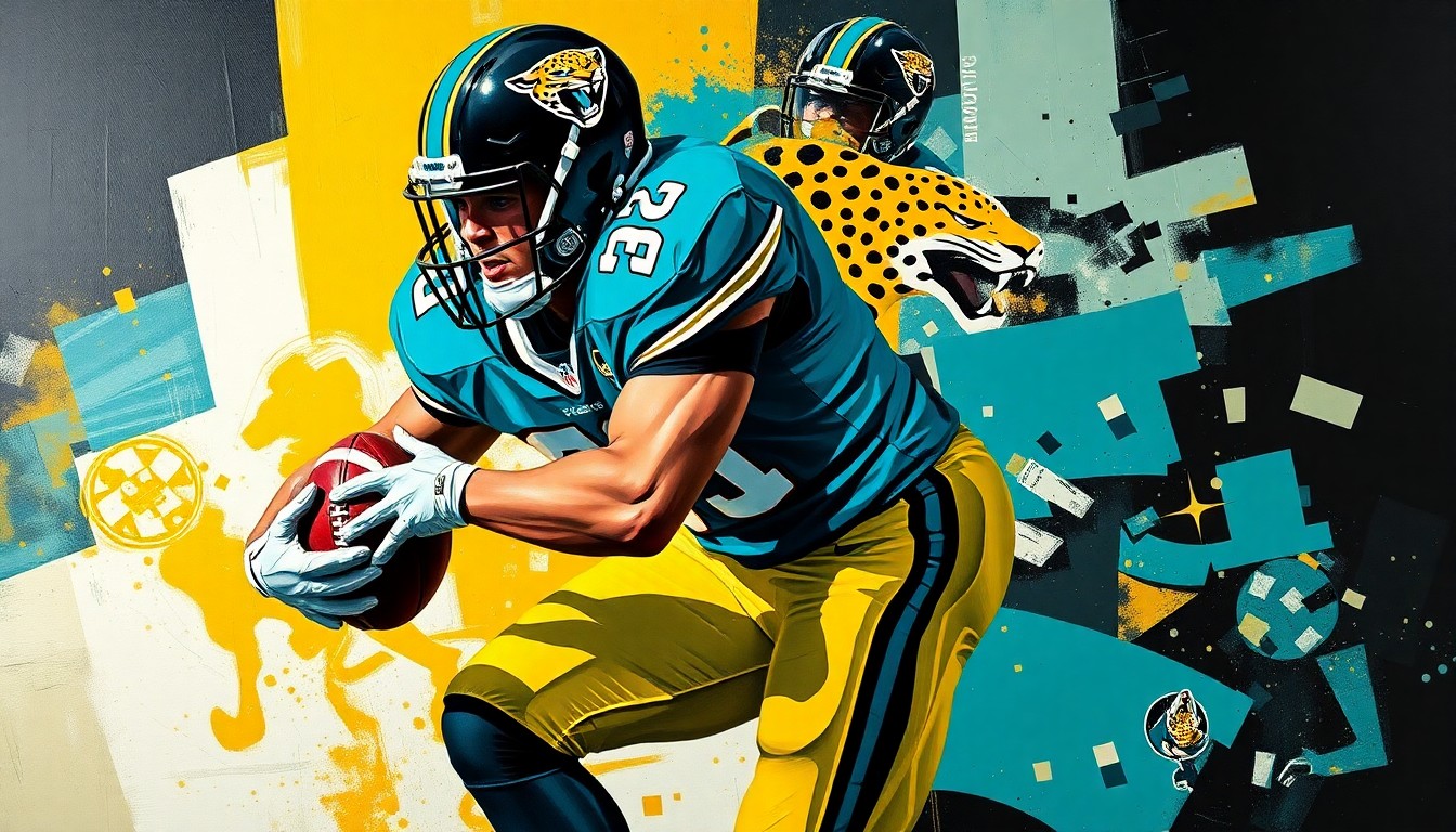 A cubist, geometric painting depicting a football player making a tackle, with sharp, overlapping planes in the Jaguars' team colors of teal, gold, and black, conceptually representing the team's strategic shift to improve their defense.