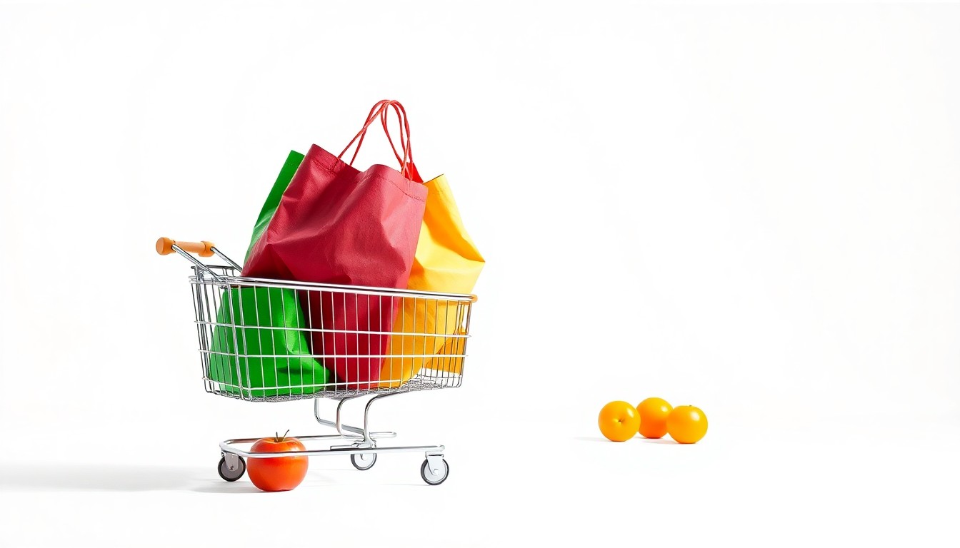 A high-end, photorealistic studio still-life photograph featuring a stack of colorful, reusable grocery bags, a metal shopping cart, and a few fresh produce items like apples and oranges, all arranged elegantly on a clean, white seamless background to represent the abstract concepts of budget-friendly grocery shopping, retail development, and economic growth.