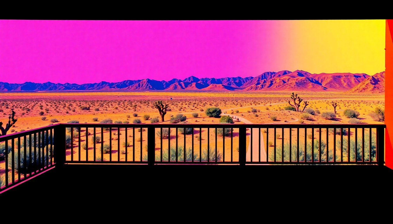 A brightly colored, silkscreen-style illustration featuring a repeating pattern of an elevated patio overlooking a desert landscape, rendered in a bold, graphic style that transforms this luxury real estate feature into modern pop art.