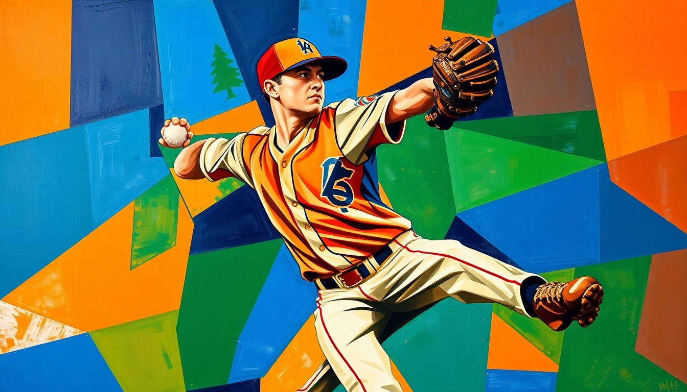 A fragmented, geometric painting depicting the motion of a baseball pitcher's windup and delivery, with sharp planes of navy, green, and orange representing the dynamic energy of the sport.