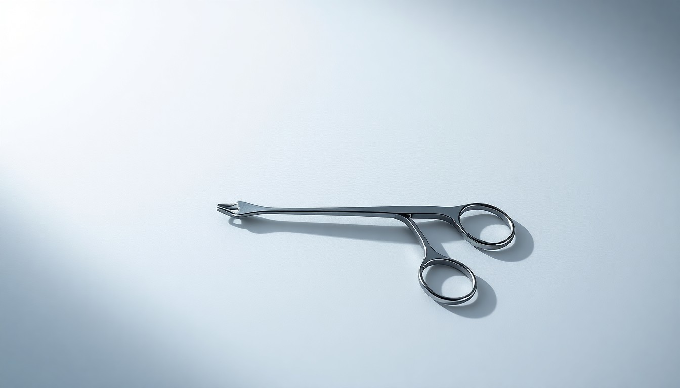 A high-end, photorealistic studio still-life photograph featuring a single, polished metal medical device or surgical tool, such as a scalpel or clamp, elegantly arranged on a clean, monochromatic seamless background. The object is lit dramatically with sharp shadows, conceptually representing the abstract corporate strategy and financial risks behind the Sanara MedTech story.