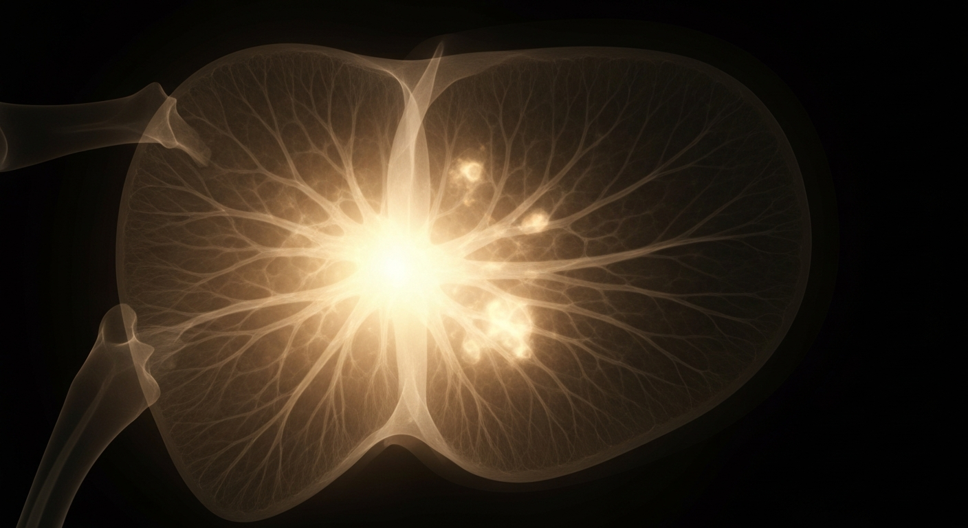 A translucent, ghostly X-ray image revealing the detailed internal structure of a liver tumor, conveying the advanced medical technology used to precisely target and treat the cancer.