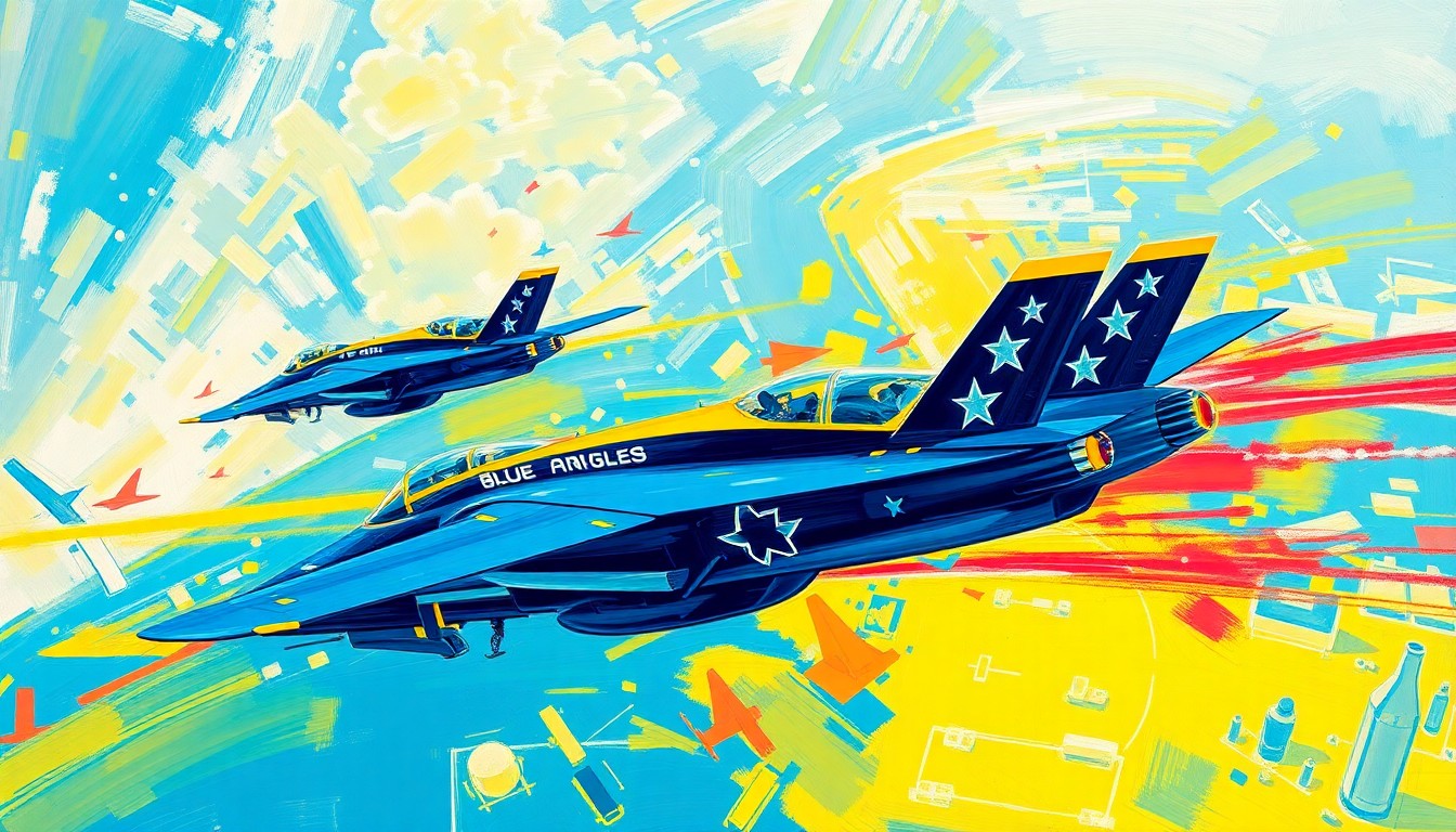 A dynamic, colorful painting with rapid brushstrokes depicting the Blue Angels fighter jets performing aerial acrobatics over the Florida coastline, capturing the raw energy and skill of the precision flying team.