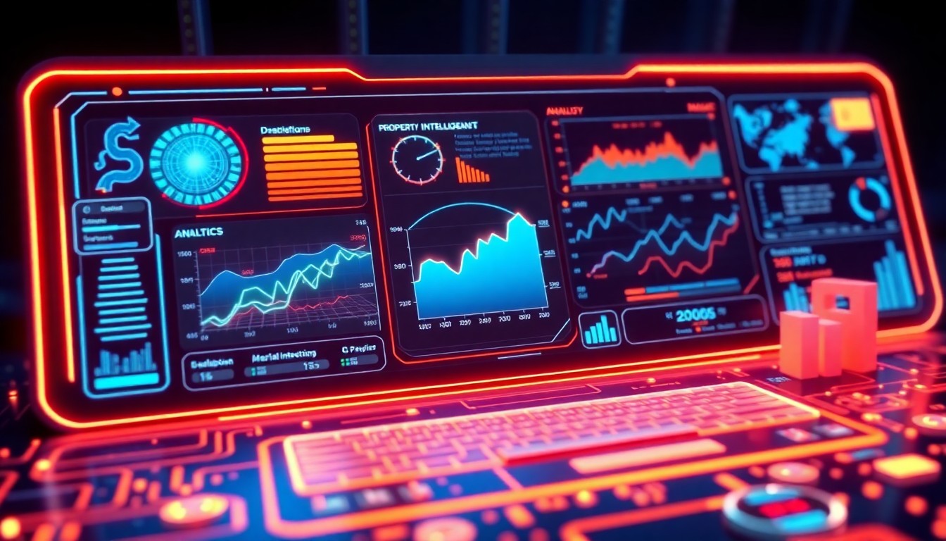 A highly detailed, glowing 3D illustration of a futuristic property intelligence dashboard, with holographic data visualizations, neon-lit circuit boards, and a sleek, minimalist interface, conceptually representing the integration of advanced aerial imagery, analytics, and materials intelligence.
