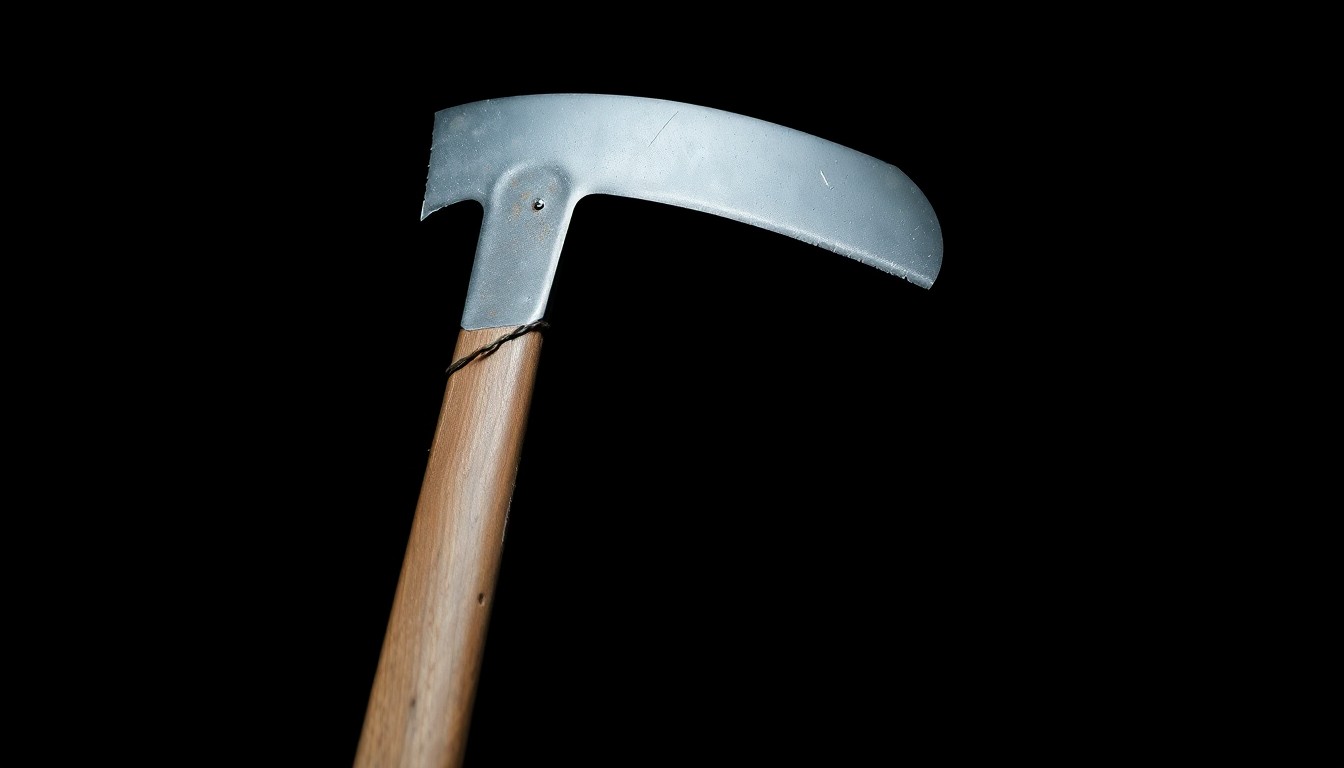 An extreme close-up photograph of a homemade hatchet, its jagged metal blade and wooden handle filling the frame against a pitch-black background, conceptually illustrating the violent weapon used in a recent attack at a community recreation center.