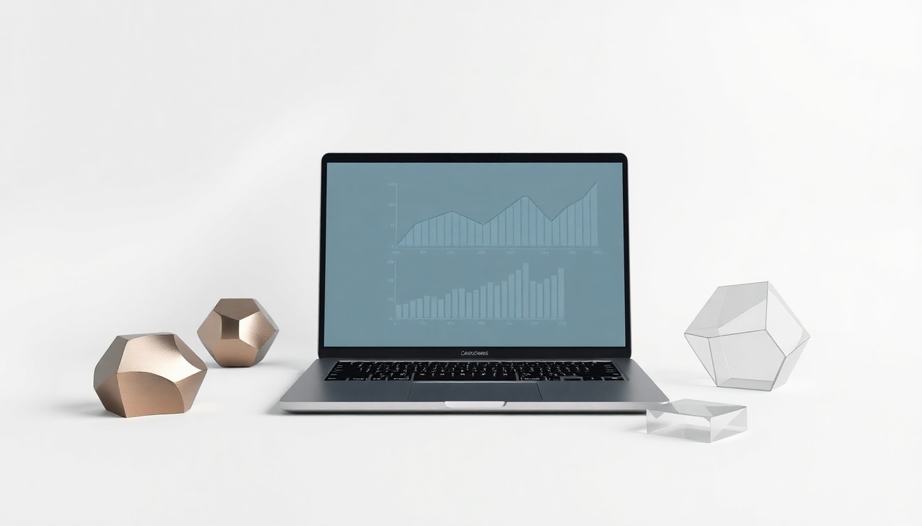 A minimalist studio still life photograph featuring a sleek laptop, a stylized data visualization chart, and geometric shapes made of premium materials, all arranged elegantly on a clean background to symbolize EXL's data and AI capabilities.