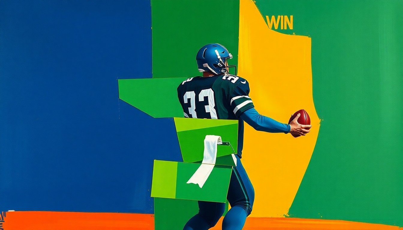 A cubist, geometric painting depicting a quarterback dropping back to pass, with the figure broken into overlapping planes of navy blue, forest green, and burnt orange.