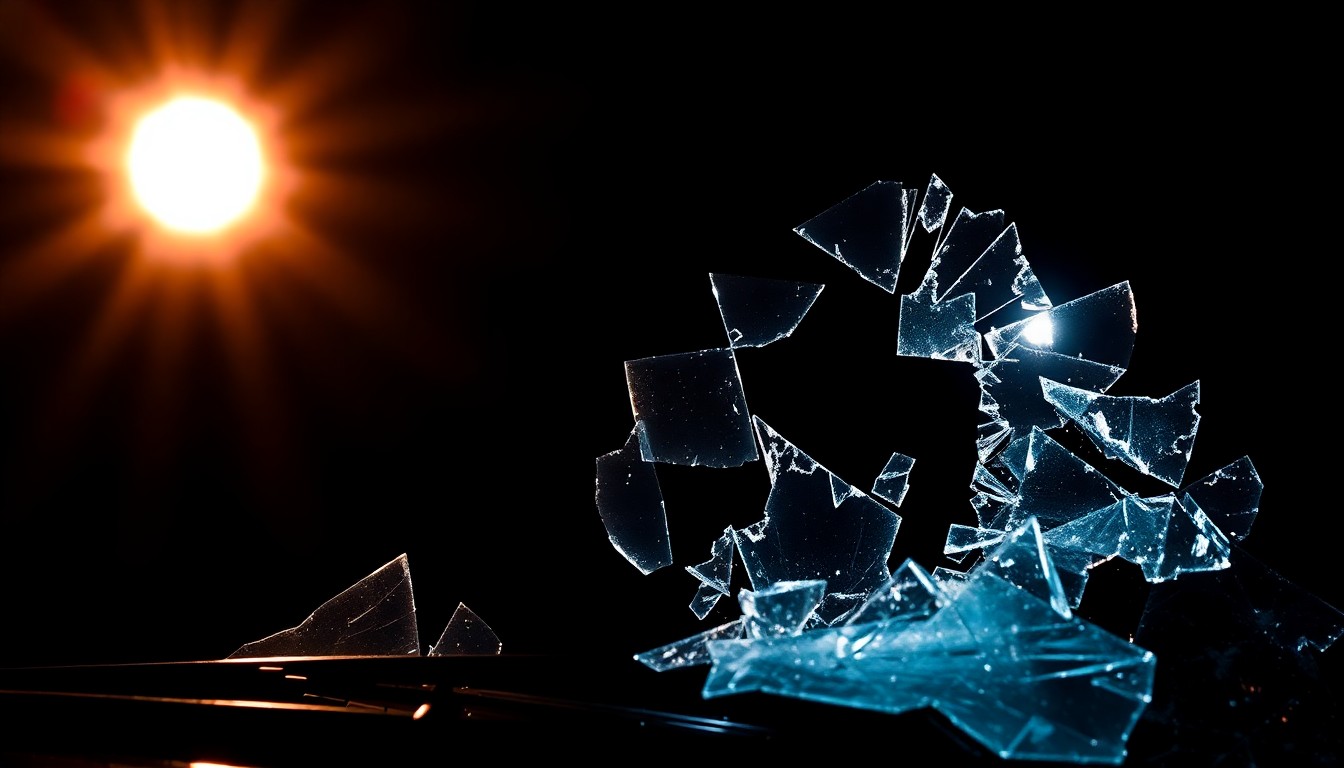 An extreme close-up photograph of a shattered car windshield, with the jagged glass and twisted metal conceptually representing the aftermath of a serious vehicle collision.