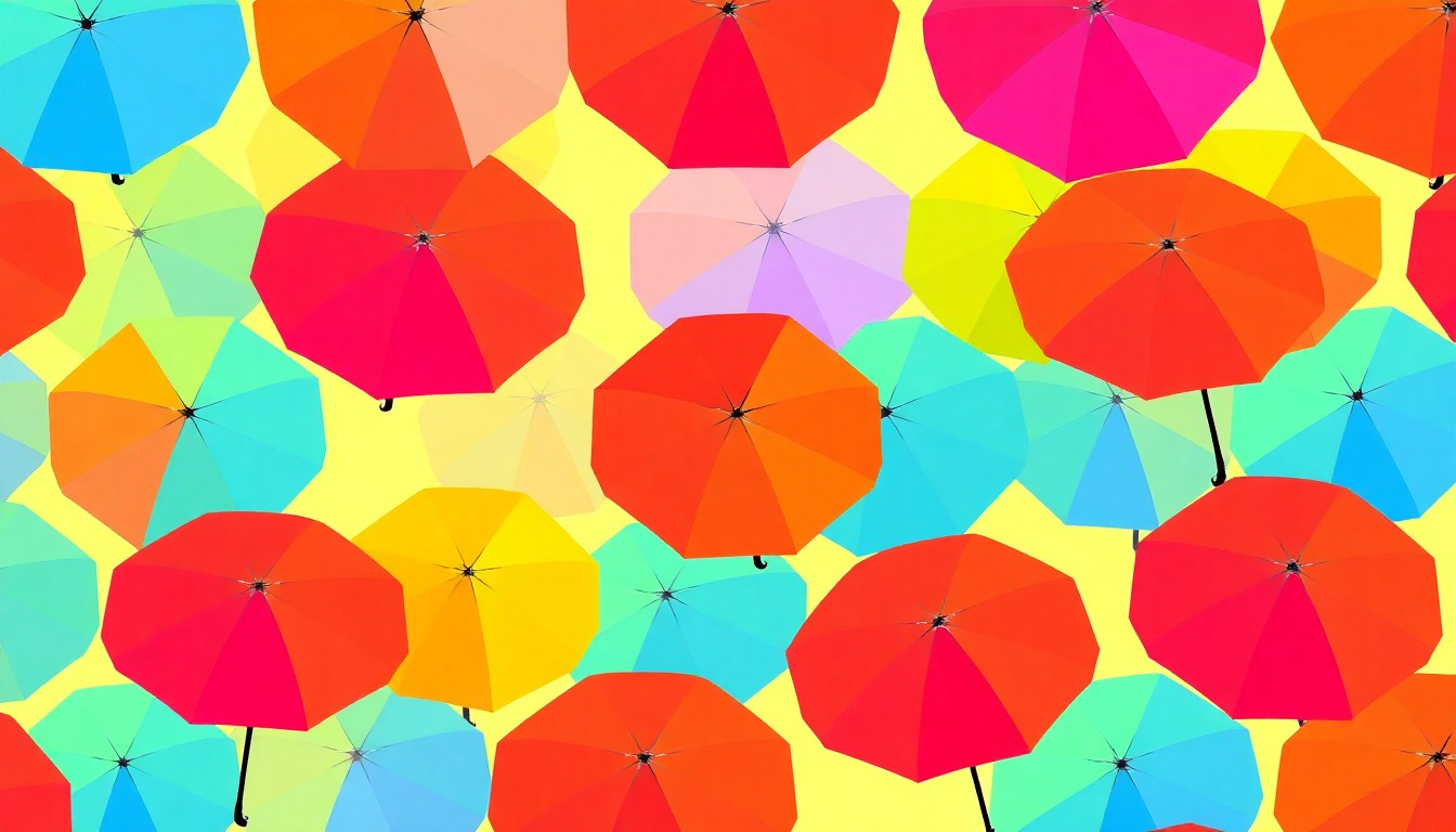 A bold, colorful silkscreen-style illustration featuring a repeating pattern of a classic beach umbrella in shades of neon pink, orange, and blue, conceptually representing the vibrant energy and community spirit of Evanston's beach pass system.