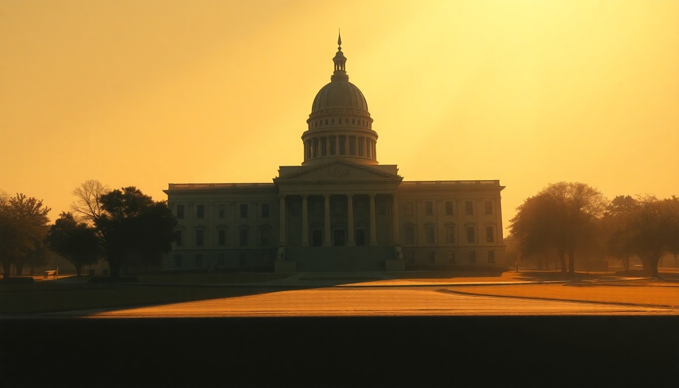A serene, photorealistic painting of the Texas state capitol building, its grand dome and columns cast in warm, golden light, with deep shadows accentuating the structure's imposing presence, conveying a sense of political gravity and unease.