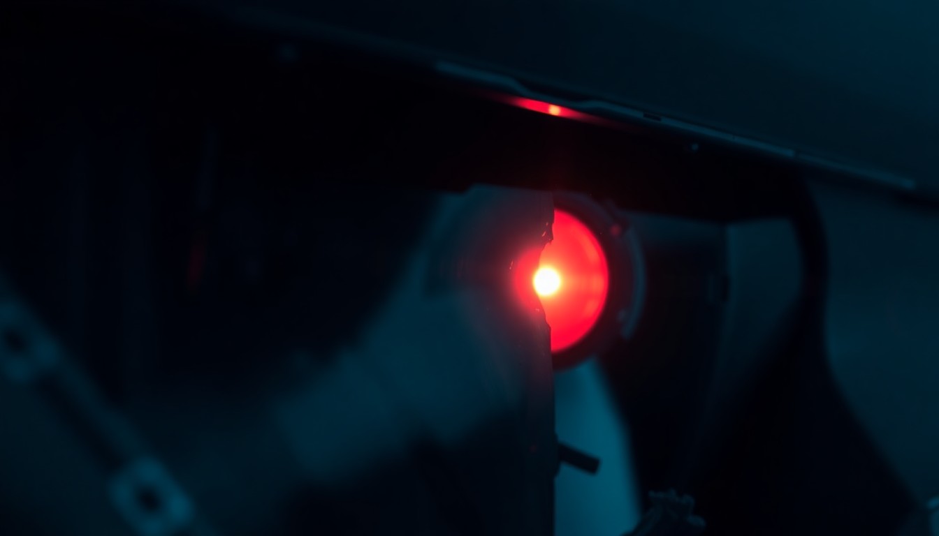An extreme close-up of a shattered car sensor lens reflecting a faint red light, conceptually illustrating the aftermath of a school bus crash.