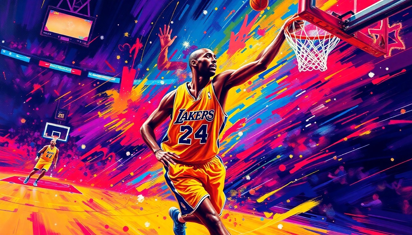 An abstract, expressionist painting featuring bold, energetic brushstrokes in neon shades of purple, yellow, and red, capturing the dynamic movement and intensity of Kobe Bryant's final NBA game.