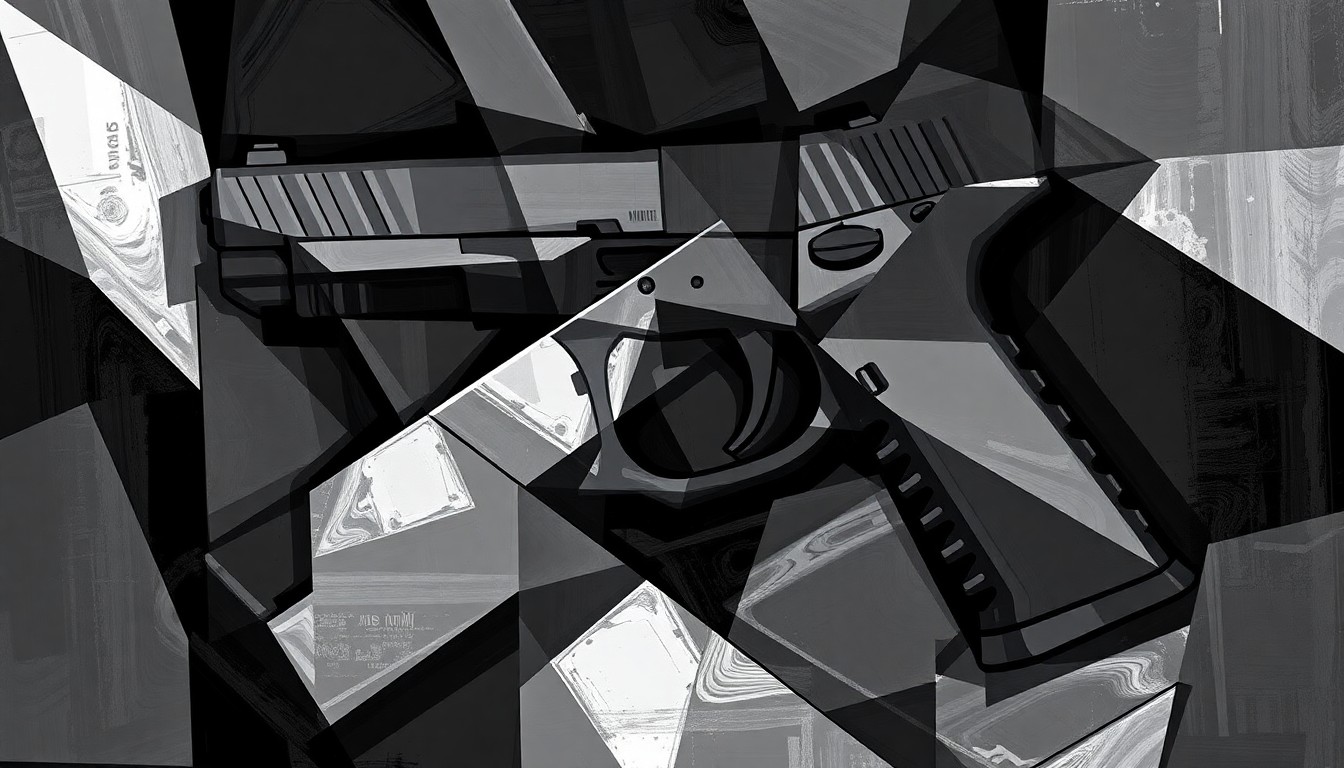 A conceptual illustration in the style of Giacomo Balla, featuring a fractured, overlapping geometric painting of a handgun magazine in shades of black, grey, and silver, conveying the political tension and debate around gun rights.