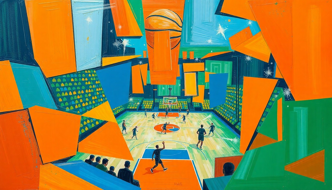 A cubist, fragmented painting depicting a basketball game or match, with sharp, overlapping geometric shapes in vibrant colors representing the unexpected viral moment between a couple at an Indiana Pacers game.