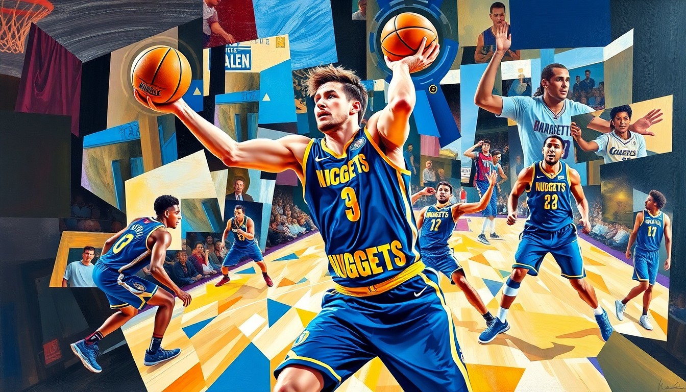 A cubist, geometric painting depicting a basketball game in motion, with the players and court fragmented into sharp, overlapping planes of color representing the Nuggets' blue and gold uniforms.