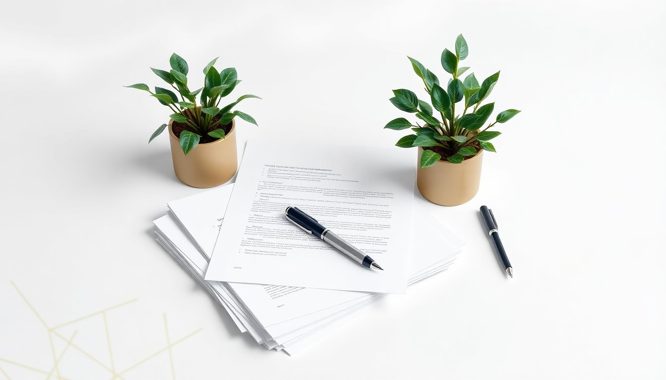 A photorealistic studio still life featuring a stack of documents, a pen, and a potted plant, symbolizing the process of starting a new business venture.