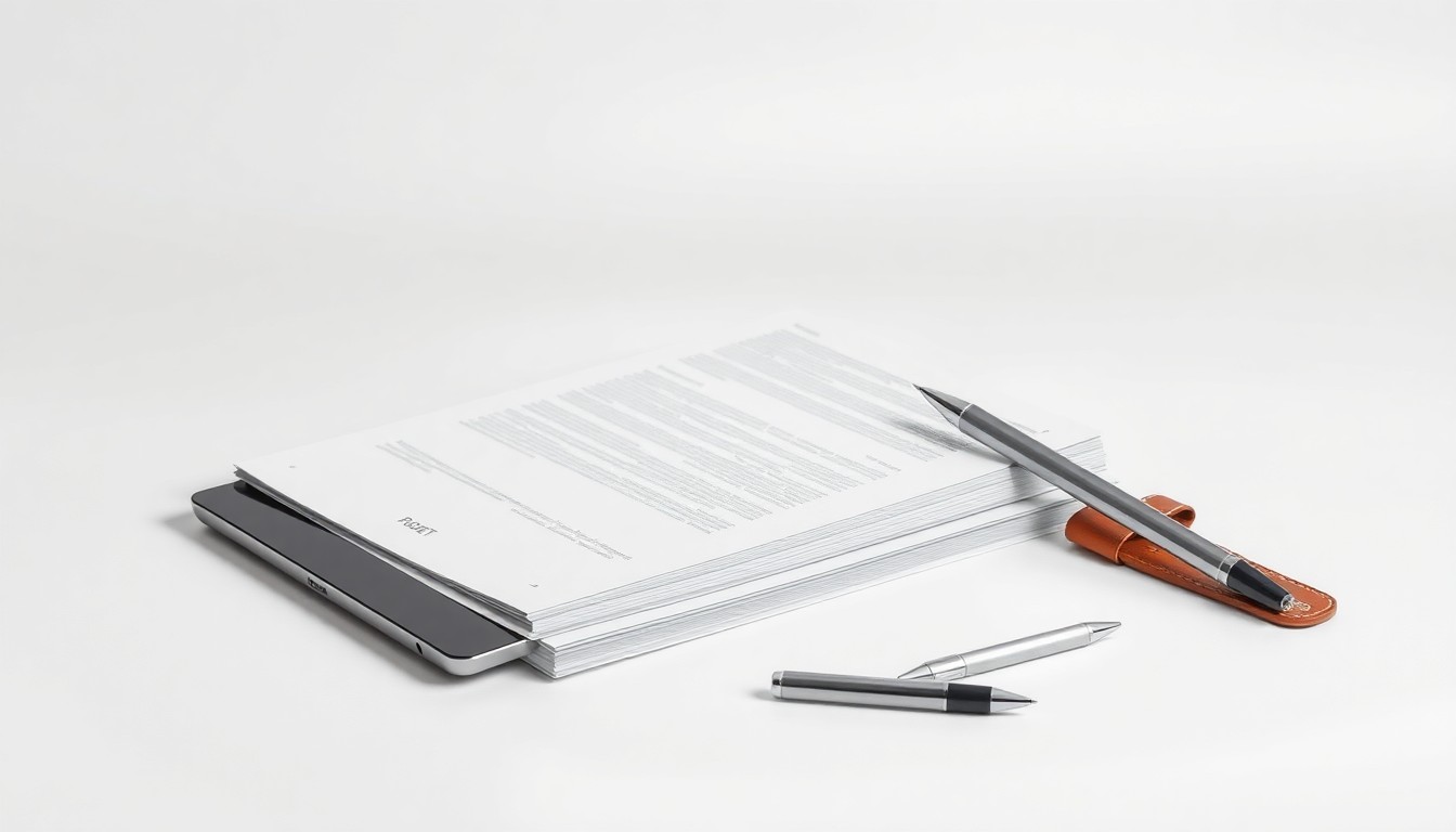 A minimalist studio still life featuring a stack of research reports, a tablet device, and a modern pen, all arranged elegantly on a clean, white background to represent the abstract concepts of market research and data quality.
