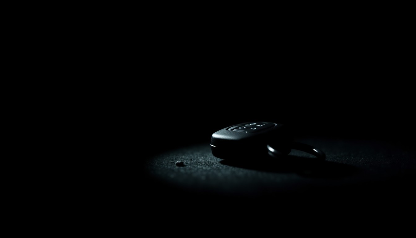 An extreme close-up photograph of a car key fob or other small car part found at the crash site, lit by a harsh, direct camera flash against a pitch-black background, creating a stark, gritty, investigative aesthetic.