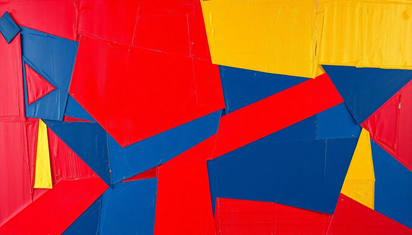 A cubist-style painting featuring sharp, overlapping geometric planes of red, blue, and gold, conceptually representing the energy and movement of Pete Rose's first major league hit.