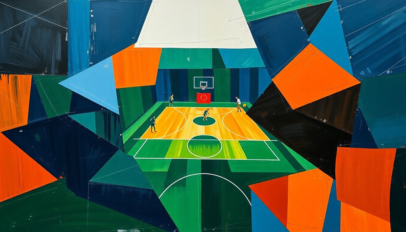 A cubist, geometric painting depicting a fragmented basketball game, with sharp, overlapping planes of navy, green, and orange, conveying the strategic complexity of coaching at the collegiate level.