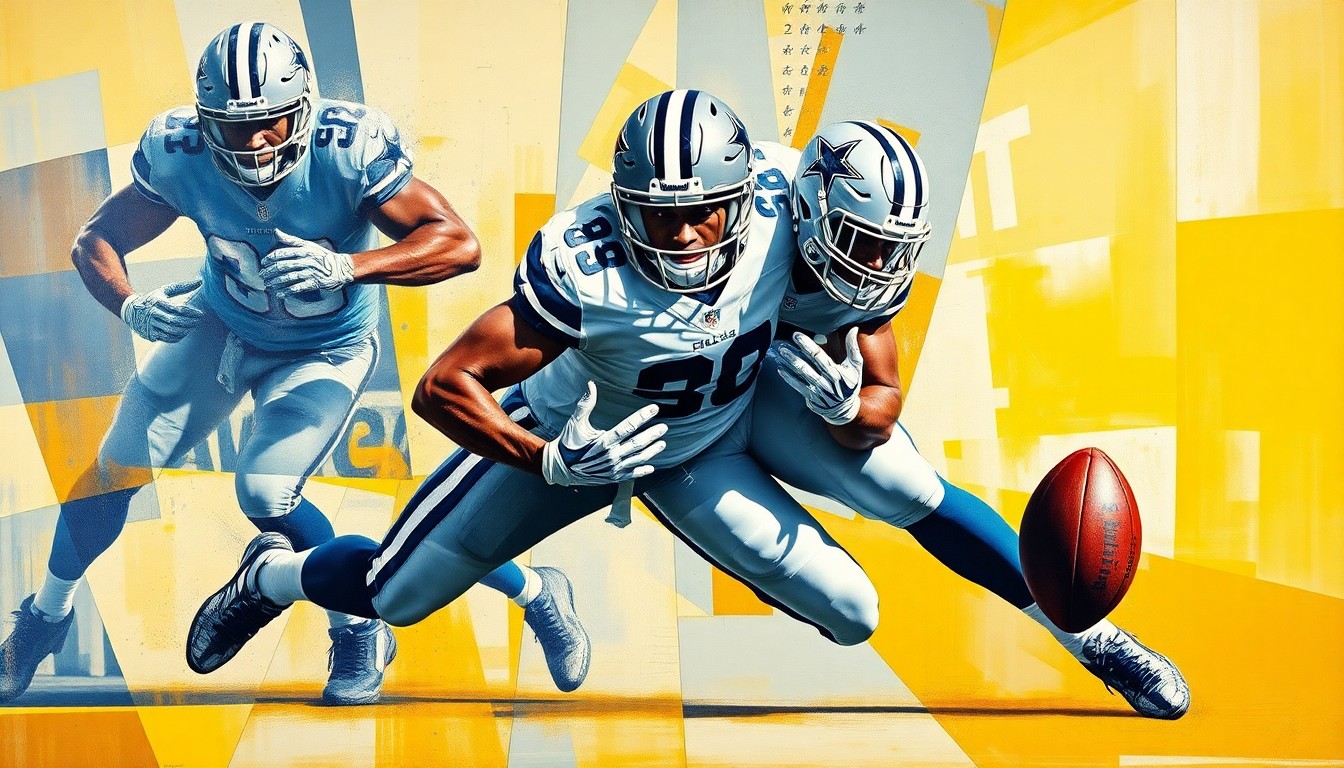 A cubist, geometric painting depicting a Dallas Cowboys defensive player making a play, with the figure broken down into sharp, overlapping planes of color and form.
