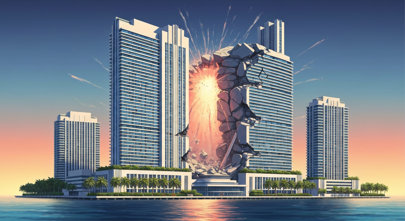 A highly stylized, geometric illustration depicting the dramatic implosion of a towering hotel structure on a tropical island, conveying the grand scale and monumental nature of the event through bold, sweeping lines and gradients without any literal depiction of people or text.