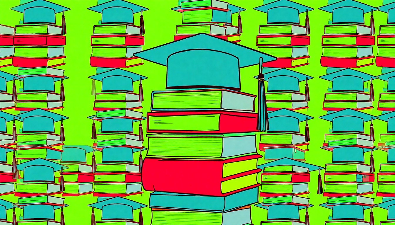 A brightly colored, high-contrast silkscreen print of a stack of textbooks and a graduation cap repeated in a tight grid pattern, conceptually representing the university's efforts to make higher education more accessible through its expanded tuition assistance program.
