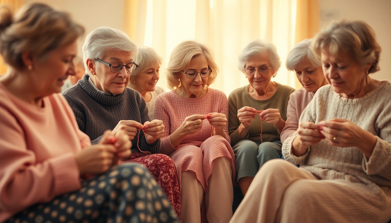 An extremely abstracted, out-of-focus photograph in soft, warm tones depicting a group of people of various ages sitting together and crocheting, creating a sense of community and shared experience.