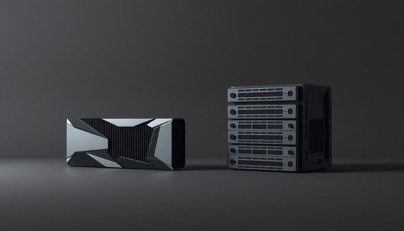 A photorealistic studio still life featuring a metallic GPU unit and server racks arranged on a charcoal grey background, conceptually representing the combined power and potential of the Rumble and Northern Data platforms.