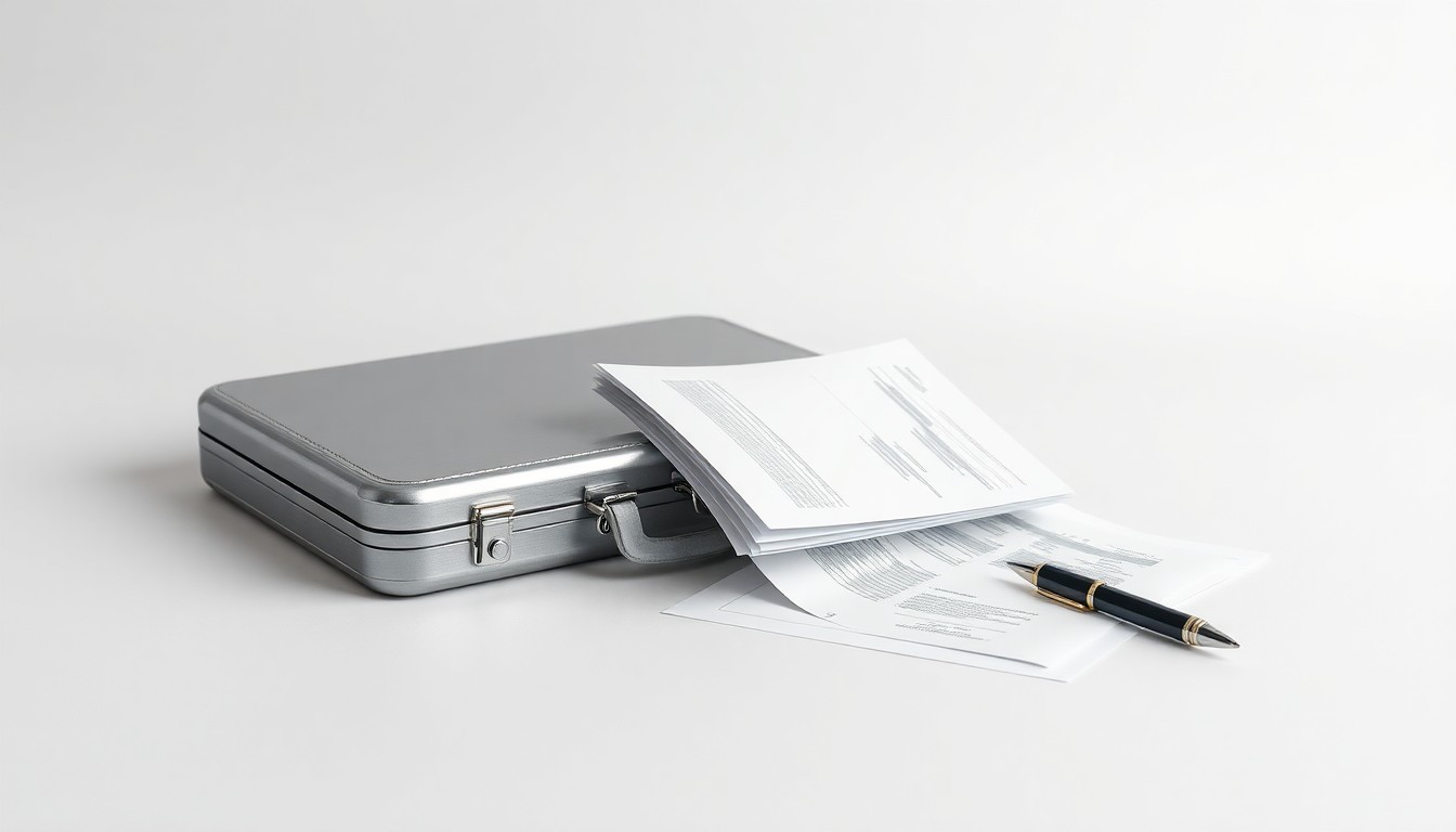A minimalist, photorealistic studio still life featuring a polished metal briefcase, a stack of financial documents, and a pen, symbolizing the strategic capital markets expertise that Peachtree Group is bringing to its real estate investment platform.