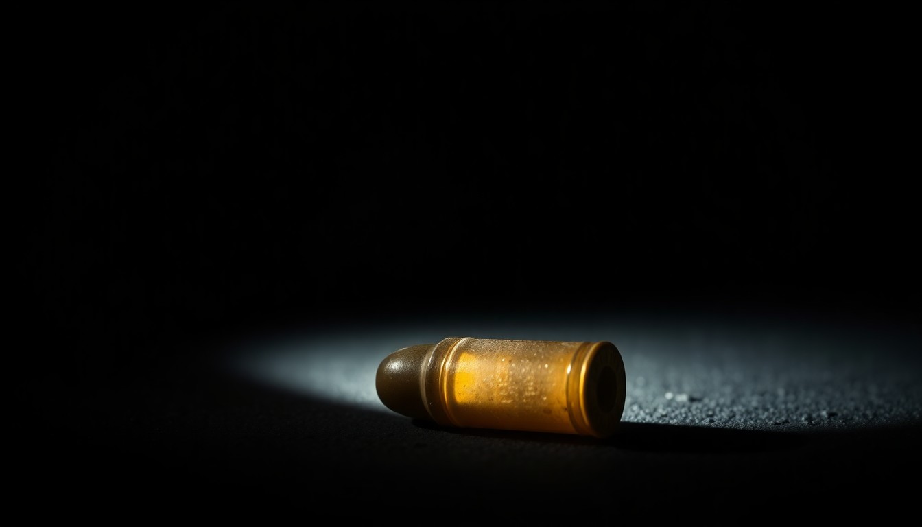 An extreme close-up photograph of a spent bullet casing on the ground, conceptually illustrating the violence and danger of an illegal street racing event.