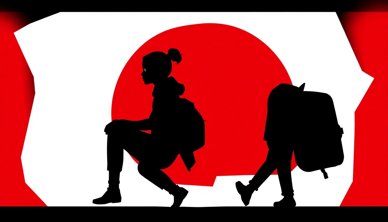 A conceptual illustration in the style of Saul Bass, featuring stark geometric shapes and silhouettes in high-contrast colors, representing the story of two undocumented teenagers navigating an uncertain future.