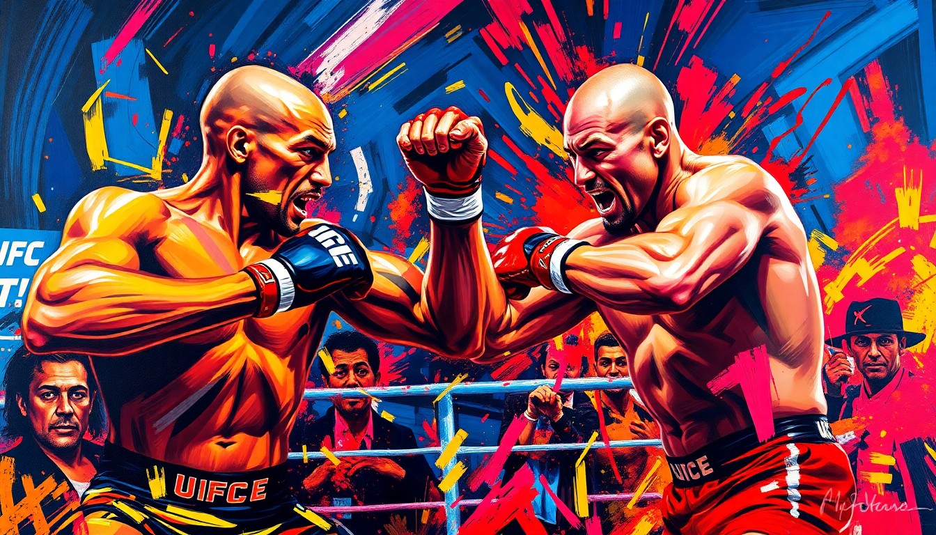 An abstract, energetic painting in neon colors depicting the chaotic movement and action of a UFC fight, conceptually representing the controversy surrounding political involvement in the sport.