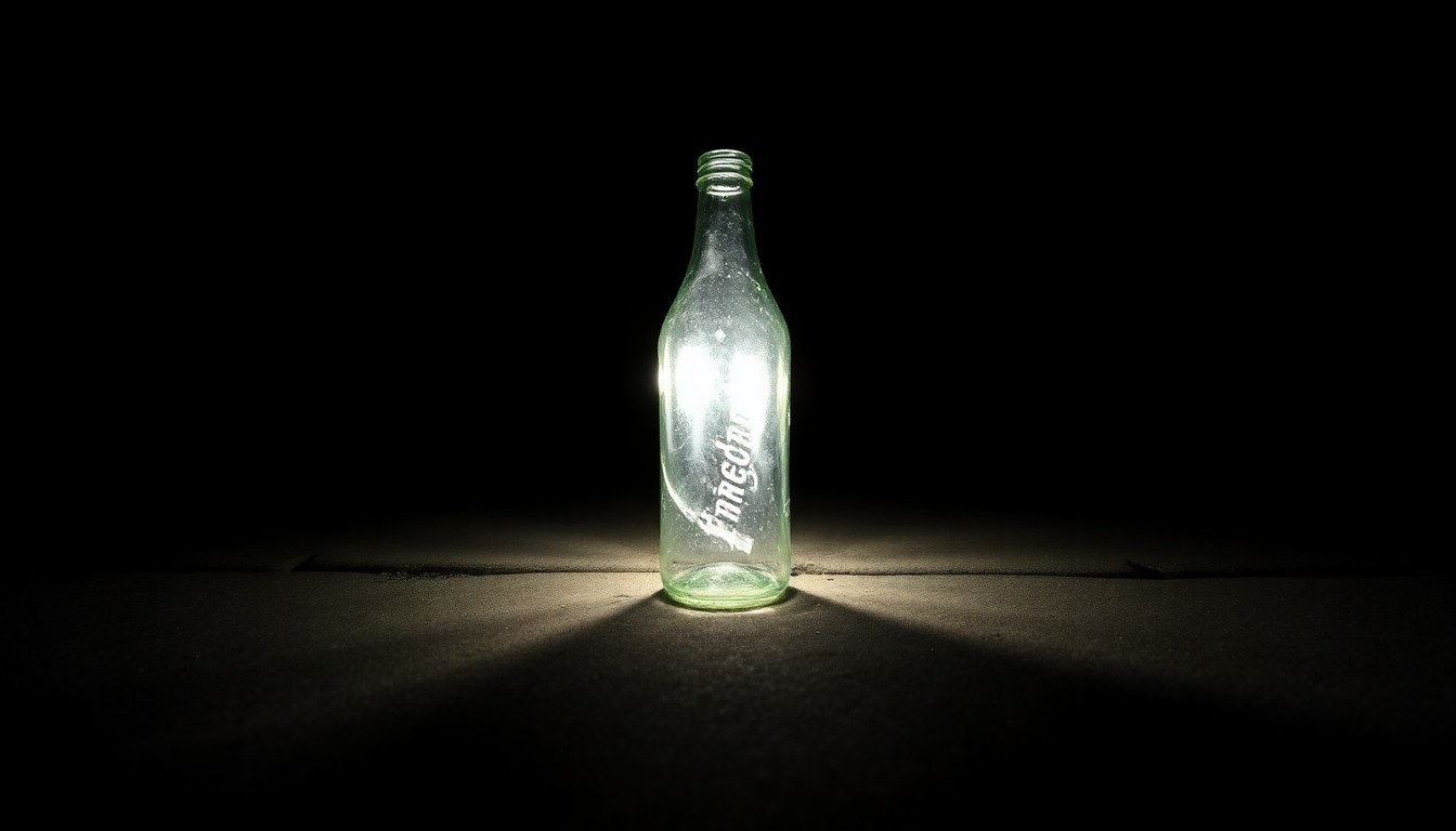 An extreme close-up photograph of a broken glass bottle on a concrete sidewalk, conceptually illustrating the aftermath of unruly mob behavior in a public space.