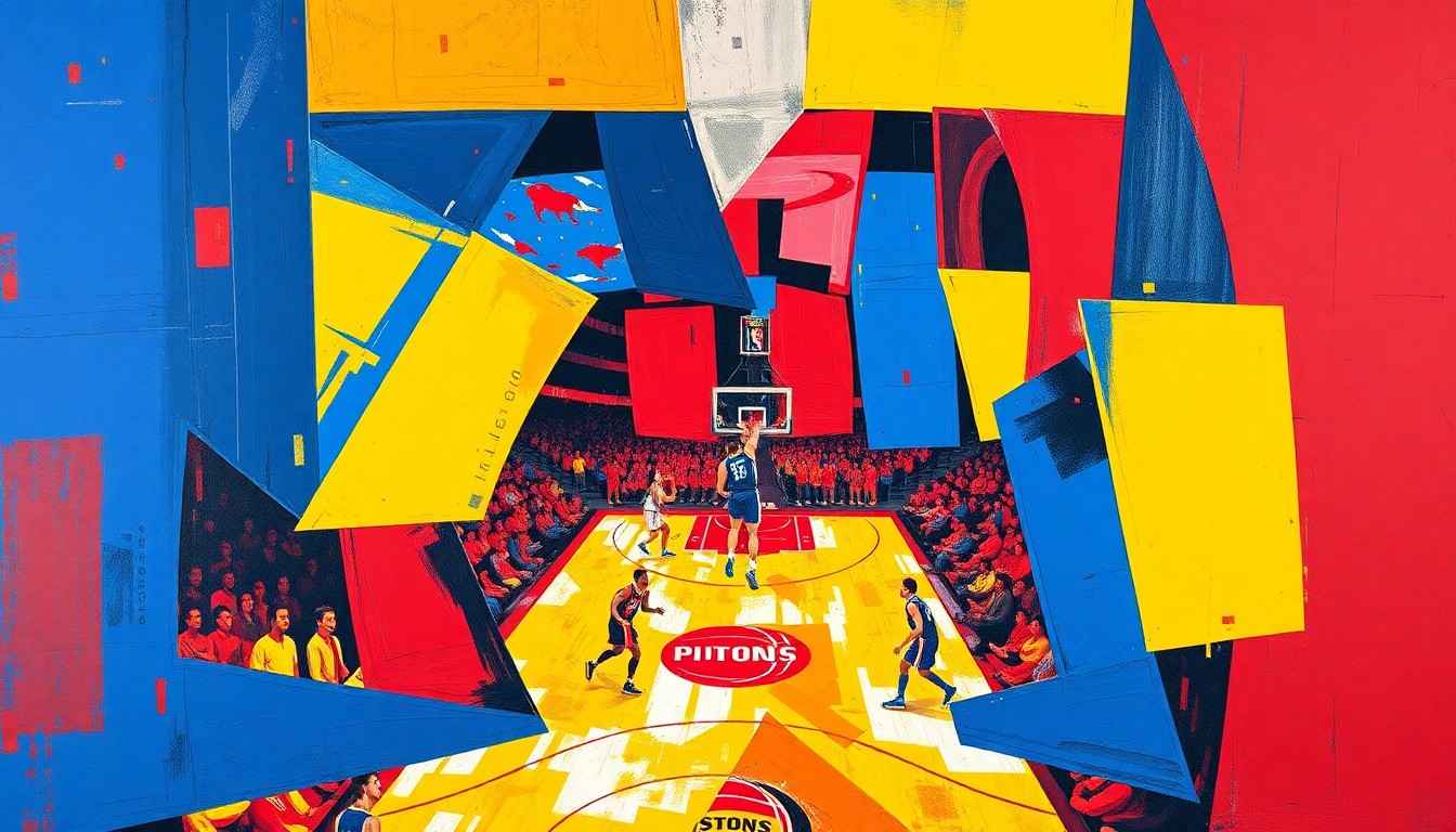 A fragmented, cubist-style painting depicting a Pistons basketball game, with sharp geometric shapes in red, blue, and yellow overlapping to create a dynamic, multi-dimensional visual representation of the action on the court.