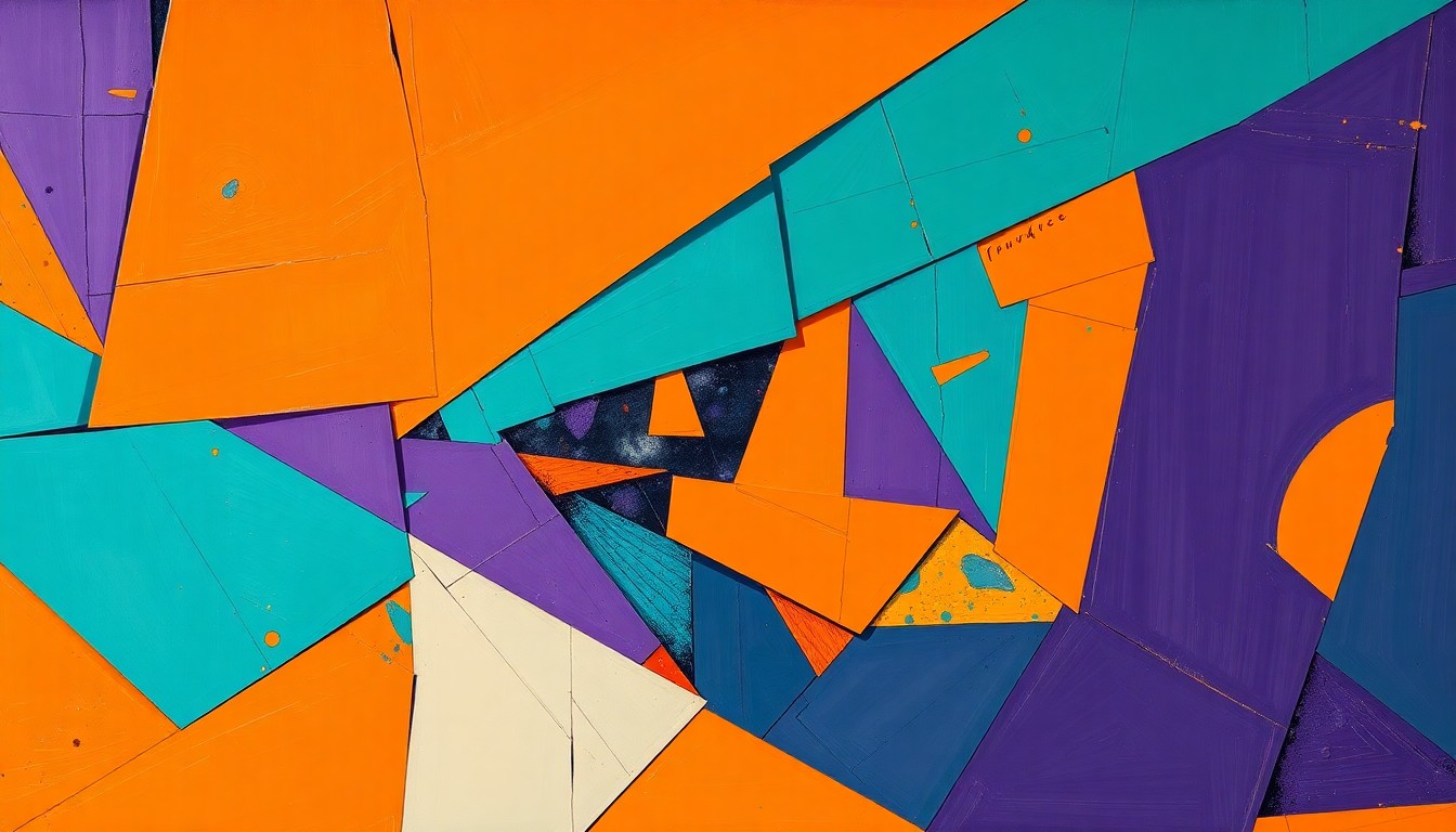 A fragmented, geometric painting in bold colors depicting the intensity of an NBA playoff battle, with sharp, overlapping planes representing the high-stakes competition.