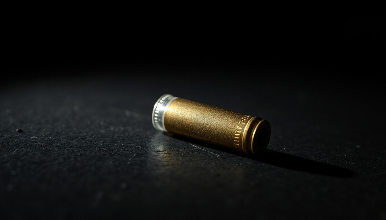An extreme close-up of a single spent bullet casing on a dark, textured surface, lit by a harsh, direct camera flash, conceptually representing the gritty, investigative nature of the crime scene.