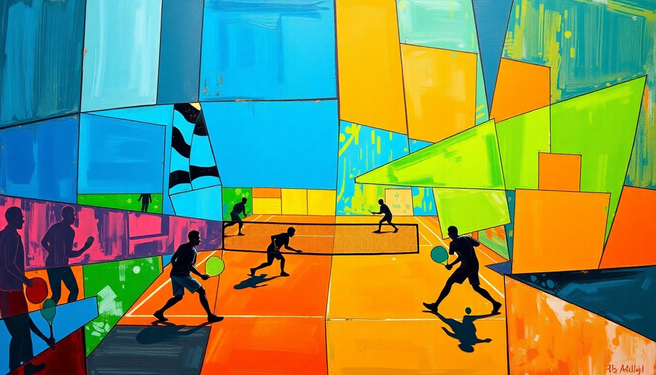 A fragmented, cubist-style painting depicting a pickleball match or competition, with the players and court broken down into sharp, overlapping geometric shapes in a vibrant color palette.