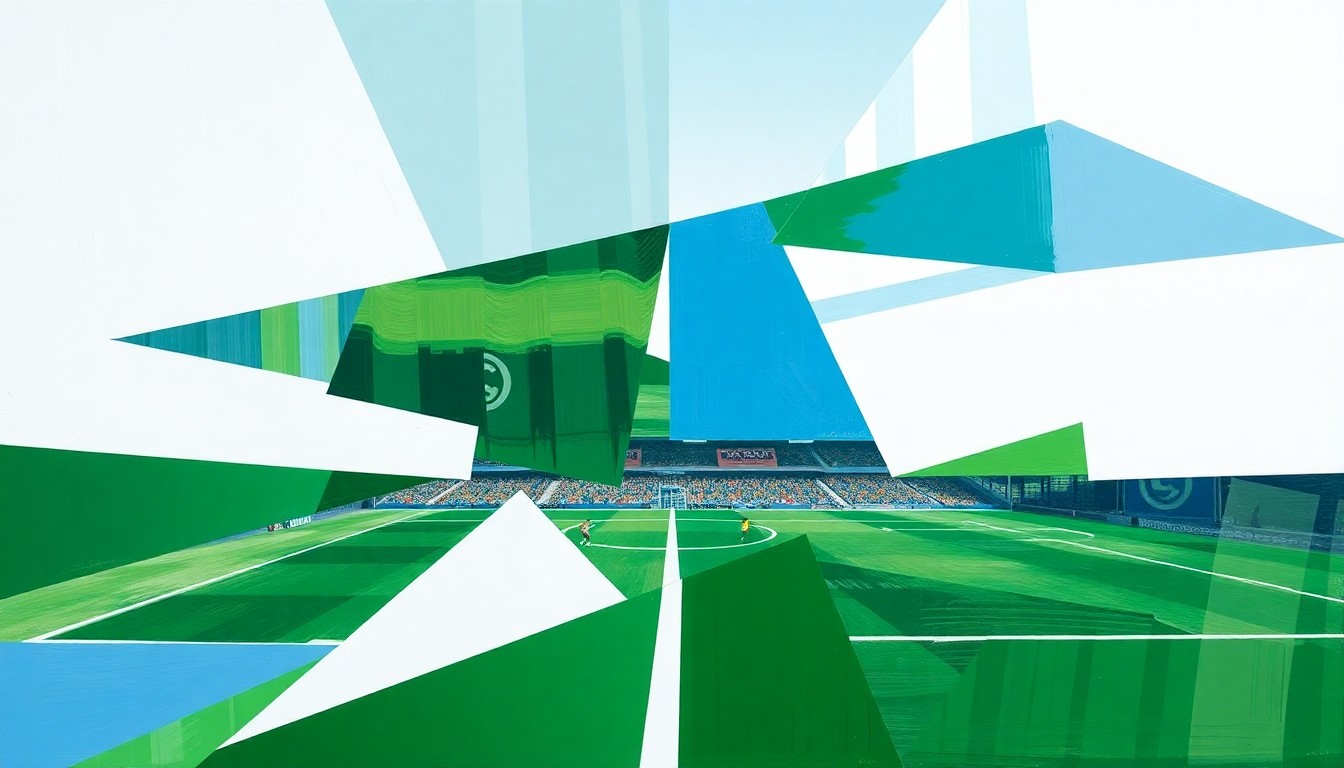 A cubist, geometric painting depicting the action and energy of a Serie A soccer match, with overlapping planes of green, blue, and white representing the players, field, and stadium.