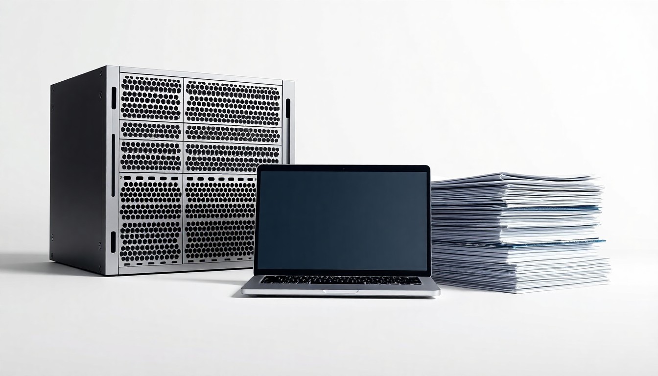 A photorealistic studio still-life featuring a polished metal server rack, a sleek laptop, and a stack of business documents, conceptually representing Bridgepointe's enterprise technology infrastructure and advisory services.