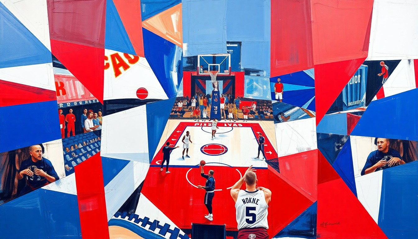 A cubist, geometric painting depicting a Pistons basketball game, with the players and court broken down into overlapping planes of red, blue, and white shapes.