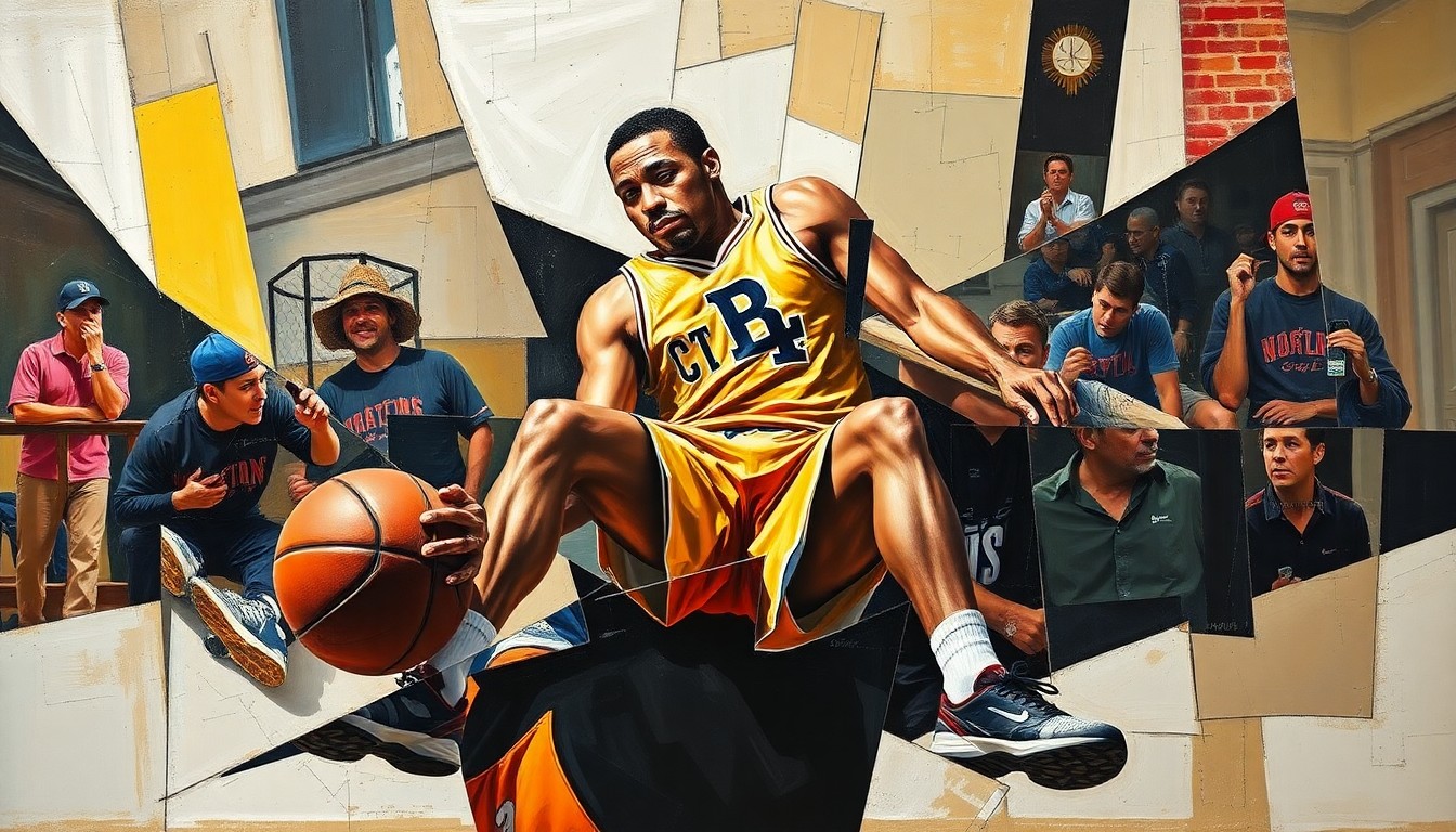 A cubist, geometric painting depicting a basketball player's ankle injury and the emotional reaction of teammates and fans, with sharp, overlapping planes of color and form.