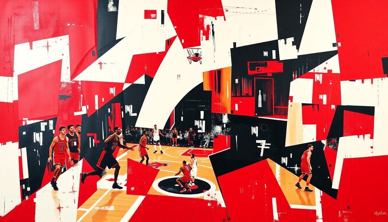 A cubist, geometric painting in red, black, and white, depicting a fragmented, multi-angled view of a basketball game or match, conveying the sense of change and transition within the Chicago Bulls organization.