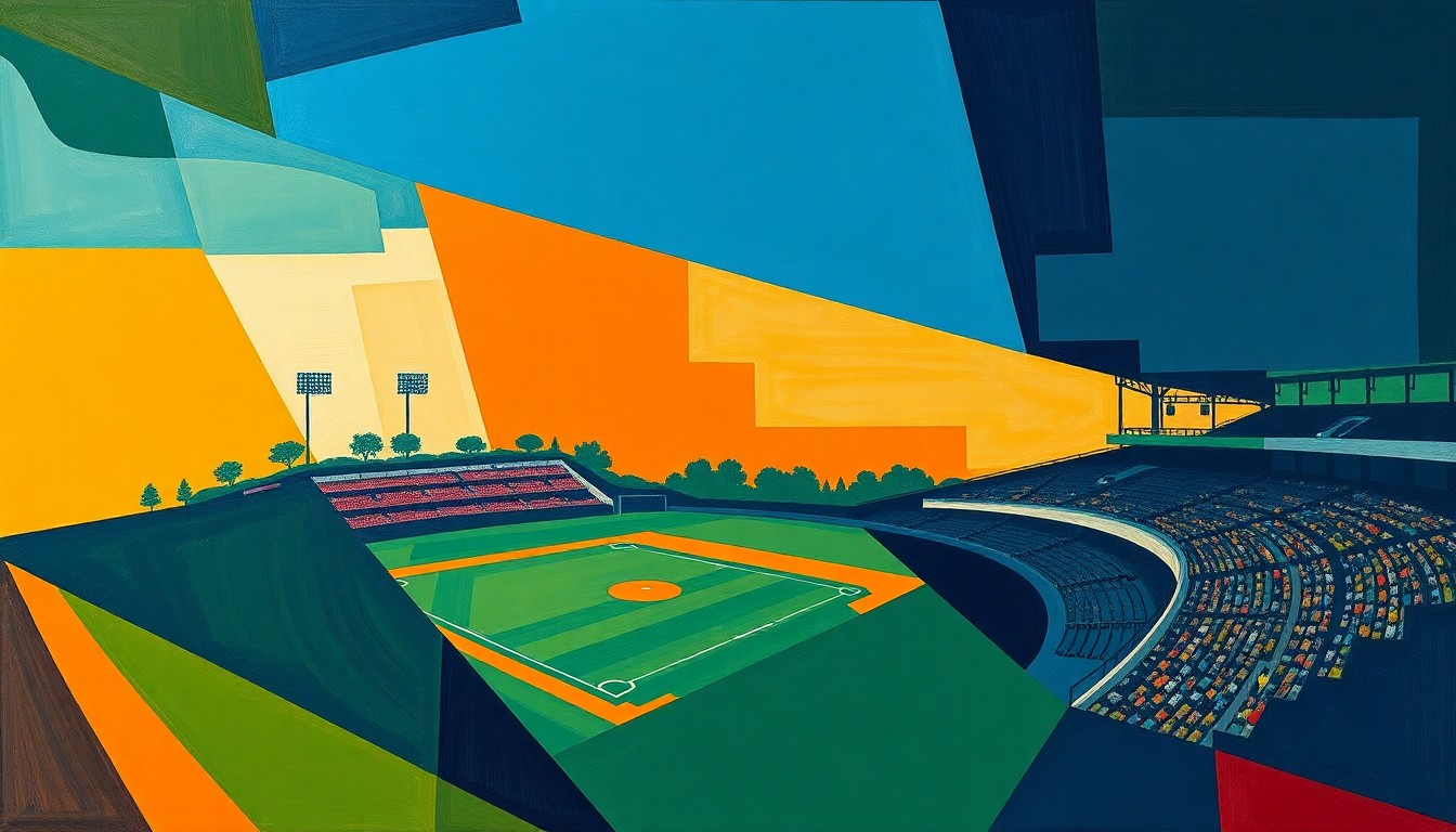 A cubist, geometric painting depicting fragmented, overlapping shapes in navy, green, and orange, conceptually representing the action and energy of a college sports competition.