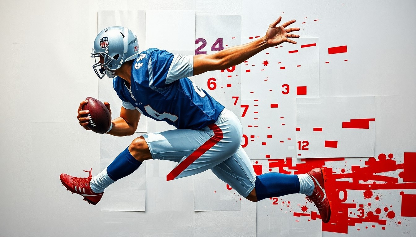 A cubist-style painting depicting a football player in mid-motion, their body broken down into sharp, overlapping geometric shapes in a palette of metallic silver, navy blue, and crimson red, conveying the raw energy and power of the sport.